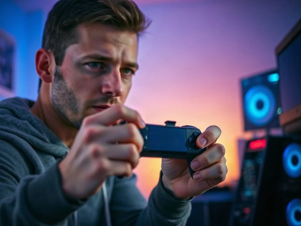 Mężczyzna podłączający bezprzewodowy kontroler Xbox do komputera gamingowego w pokoju z nastrojowym oświetleniem LED.