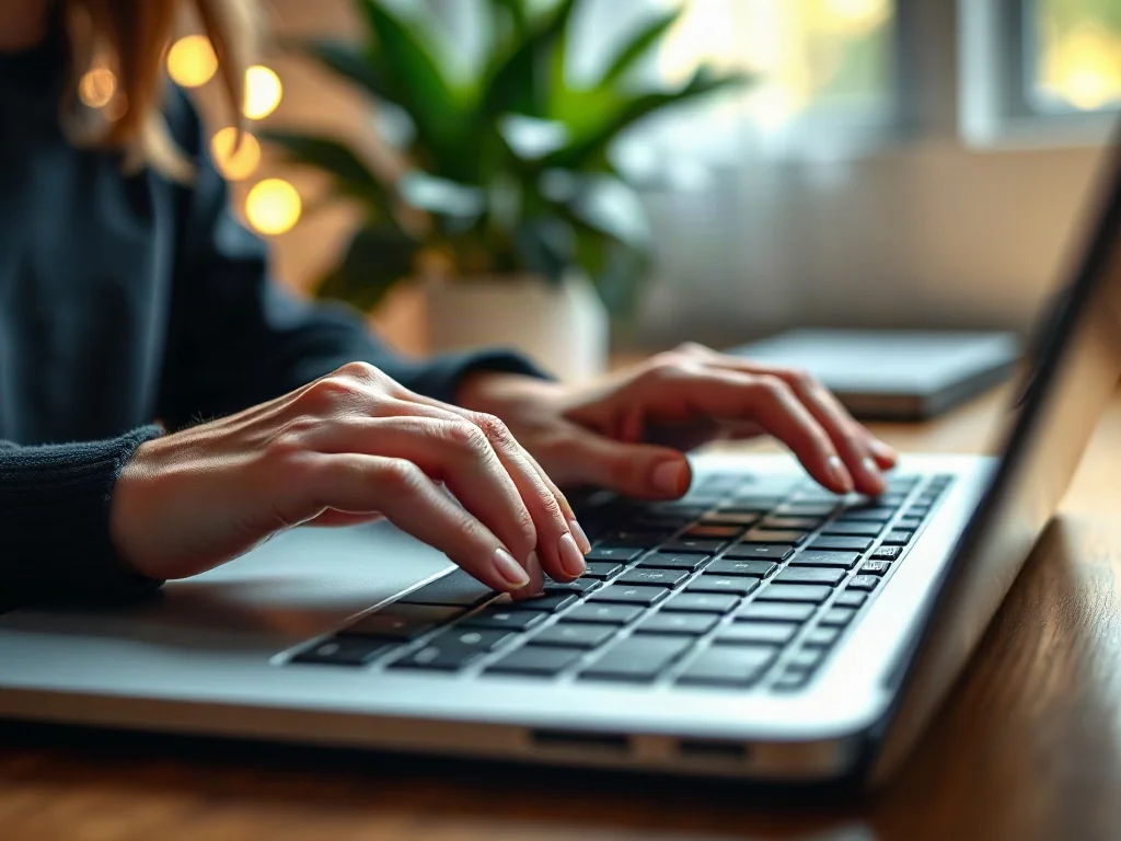 Dłonie kobiety piszące na nowoczesnej klawiaturze laptopa w domowym biurze.