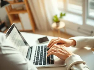 Mężczyzna konfiguruje drukarkę bezprzewodową na laptopie w jasnym domowym biurze.