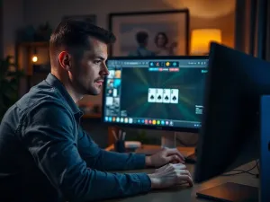 Mężczyzna w przyciemnionym pokoju z wieloma monitorami wyświetlającymi kod, symbolizujący pracę w sieciach typu darknet.