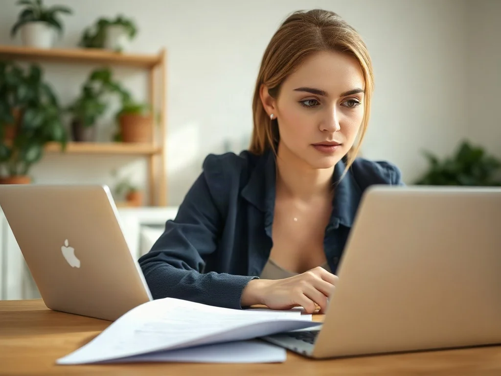 Kobieta pracująca przy laptopie w jasnym biurze, z widocznym na pierwszym planie dokumentem o wyraźnych marginesach.