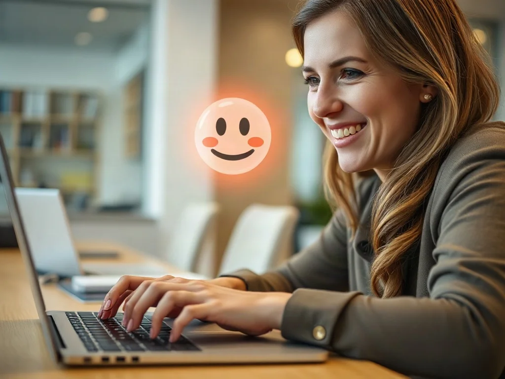 Kobieta uśmiecha się podczas pisania na laptopie, nad którym unosi się cyfrowa ikona emotikony.