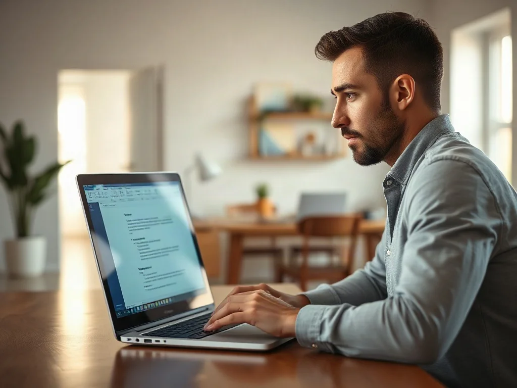 Mężczyzna pracujący przy laptopie w nowoczesnym biurze, skupiony na edycji tekstu w programie Word.