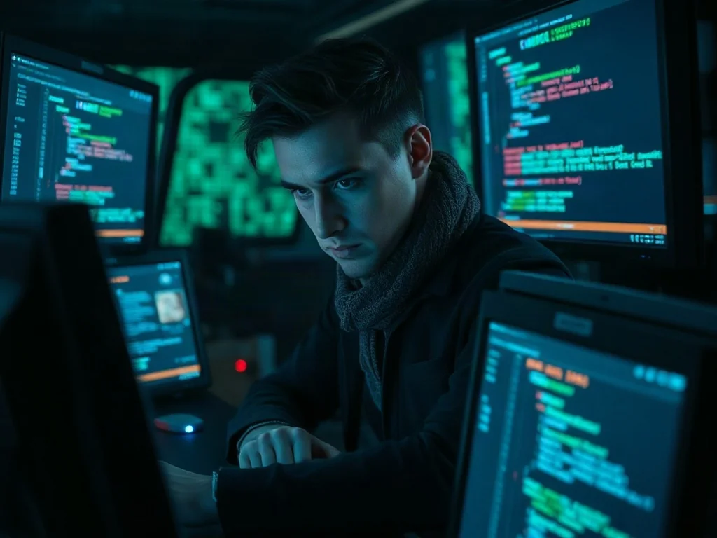 Mężczyzna w przyciemnionym pokoju z wieloma monitorami wyświetlającymi kod, symbolizujący pracę w sieciach typu darknet.