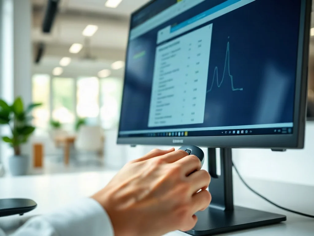 Dłoń obsługująca myszkę komputerową, wybierająca opcję z rozwijanej listy w programie Excel na monitorze.