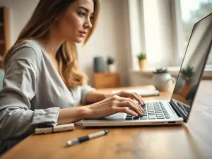Mężczyzna korzystający z tabletu z widocznym interfejsem kalendarza, służącym do obliczania odstępów czasu w domowym biurze.