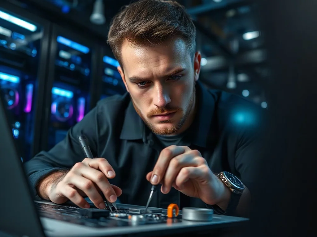 Technik naprawiający płytę główną laptopa w nowoczesnym serwisie komputerowym.