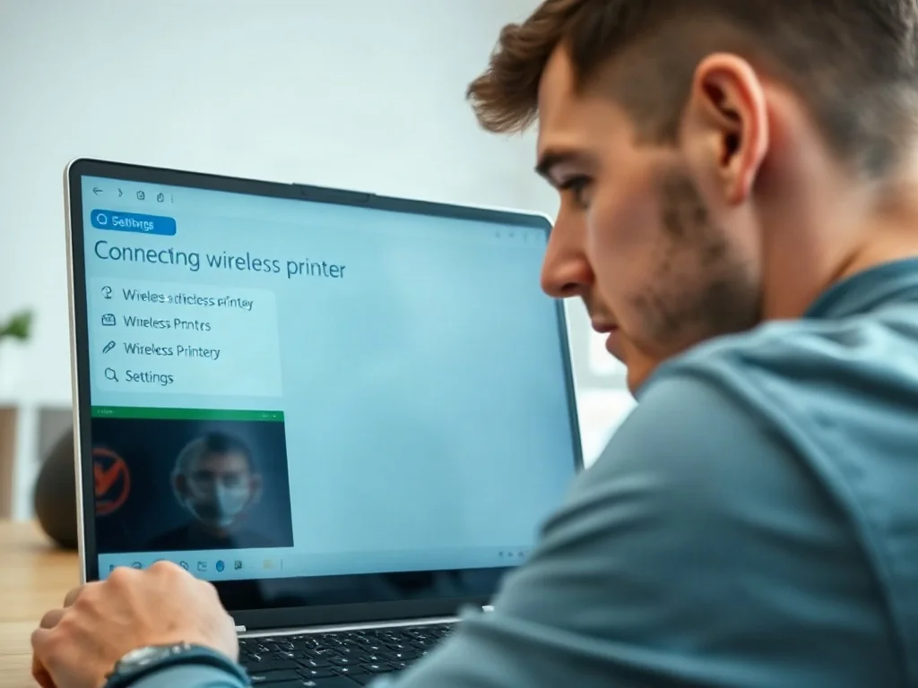 Mężczyzna konfiguruje drukarkę bezprzewodową na laptopie w jasnym domowym biurze.