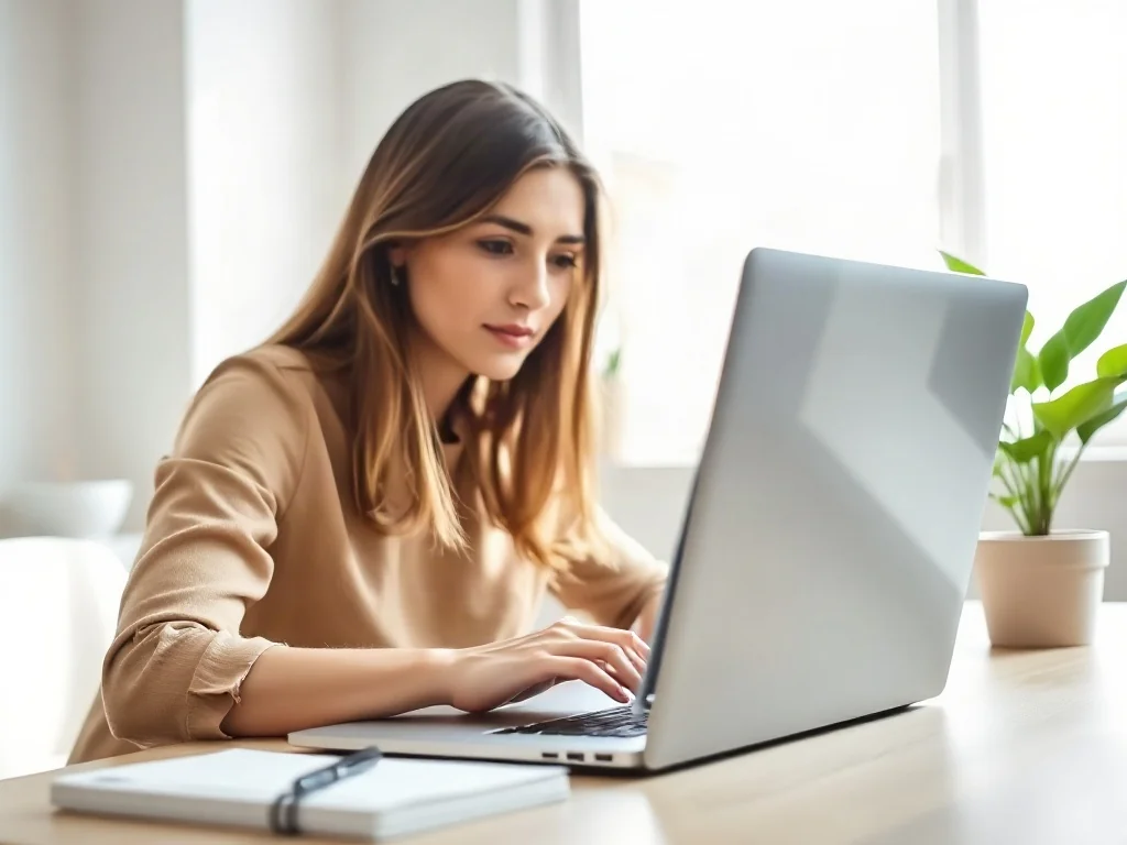 Kobieta pracująca przy laptopie, na którego ekranie widoczny jest dokument z różnymi orientacjami stron.