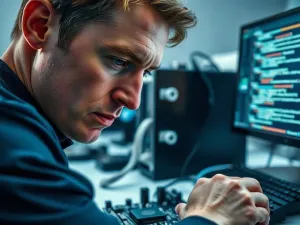 Mężczyzna przy laptopie obserwujący pasek postępu instalacji systemu operacyjnego w nowoczesnym biurze domowym.