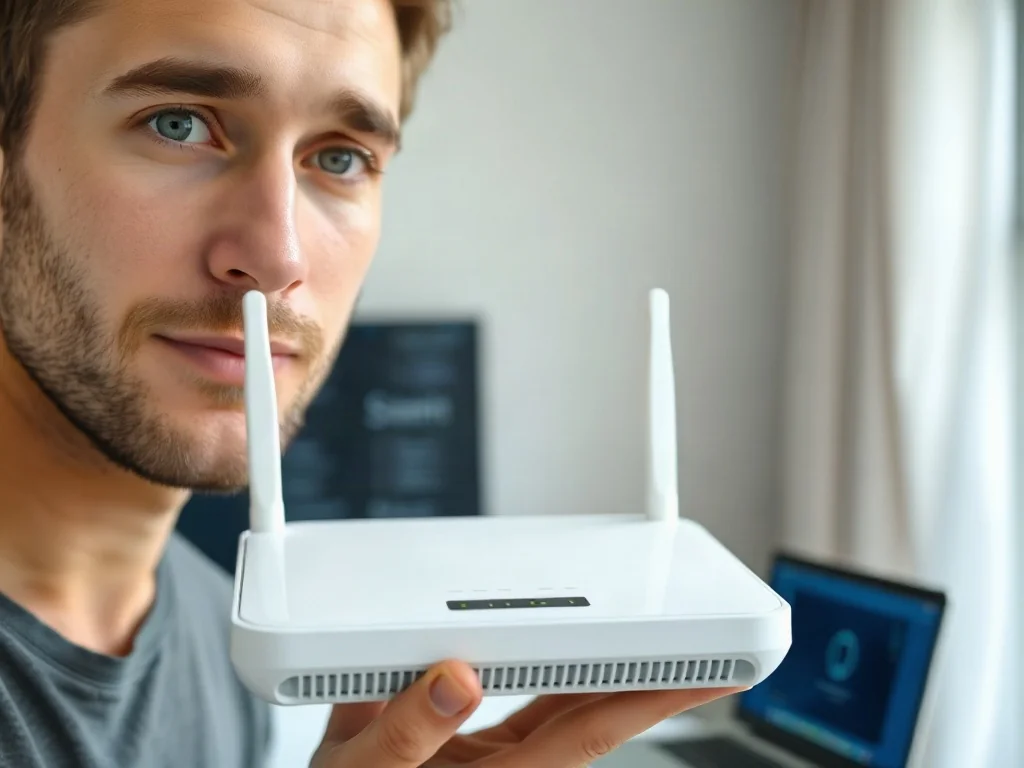 Mężczyzna trzymający nowoczesny router w domowym biurze, w tle widoczne ustawienia sieci bezprzewodowej na ekranie laptopa.