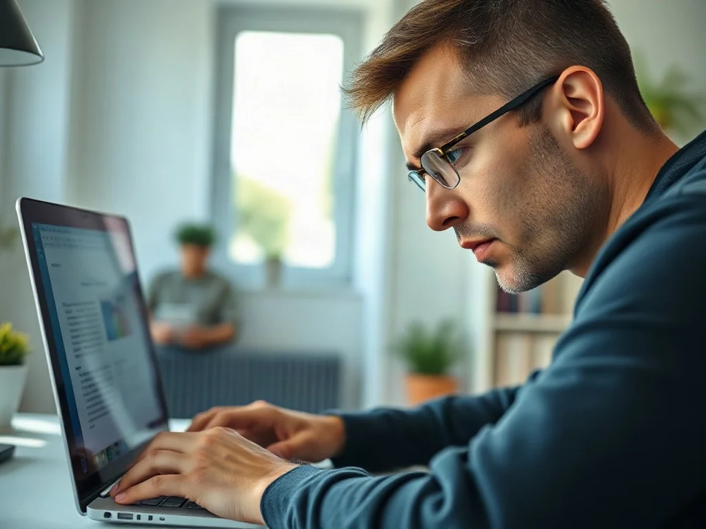 Mężczyzna pracujący na laptopie w minimalistycznym biurze, skupiony na edycji dokumentu tekstowego.