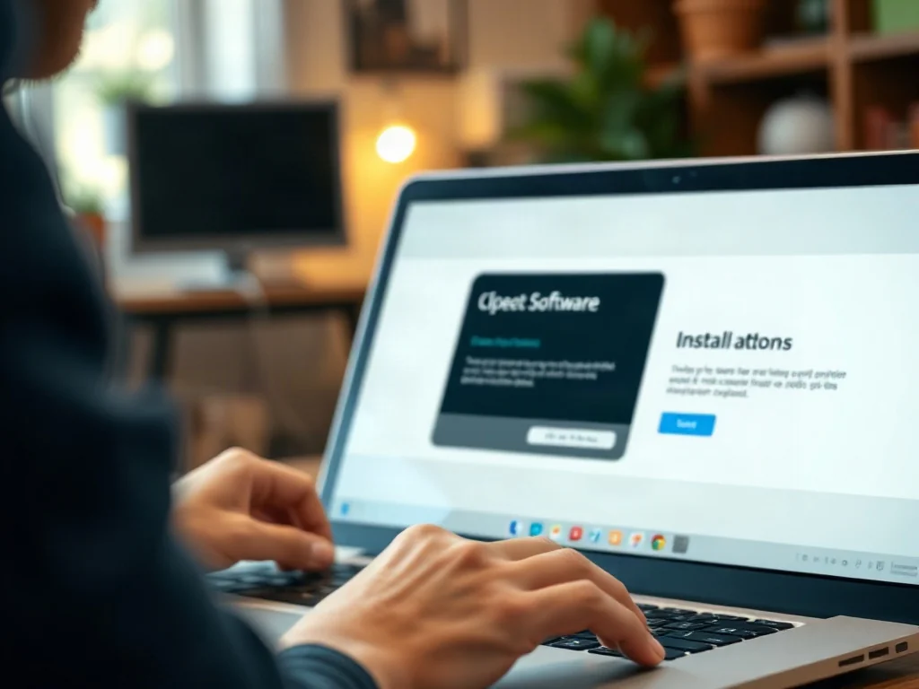 Mężczyzna obsługujący myszką proces instalacji systemu Windows na ekranie laptopa w domowym biurze.